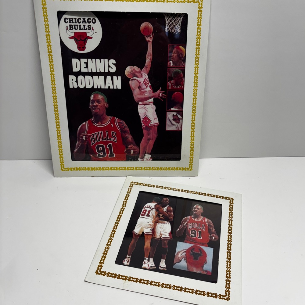 Vintage Dennis Rodman Chicago Bulls Carnival Glass Mirror Set 90s NBA Decor